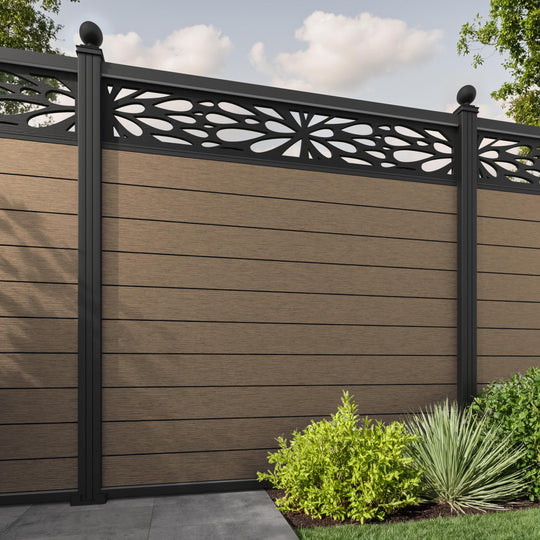 Fusion Blossom Fence Panel - Teak - with our aluminium posts