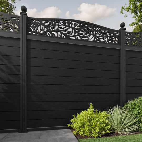 Fusion Botanic Curved Top Fence Panel - Black - with our aluminium posts