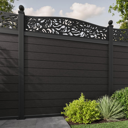 Fusion Botanic Curved Top Fence Panel - Dark Oak - with our aluminium posts
