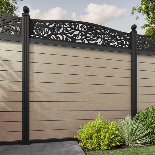 Fusion Botanic Curved Top Fence Panel - Light Oak - with our aluminium posts