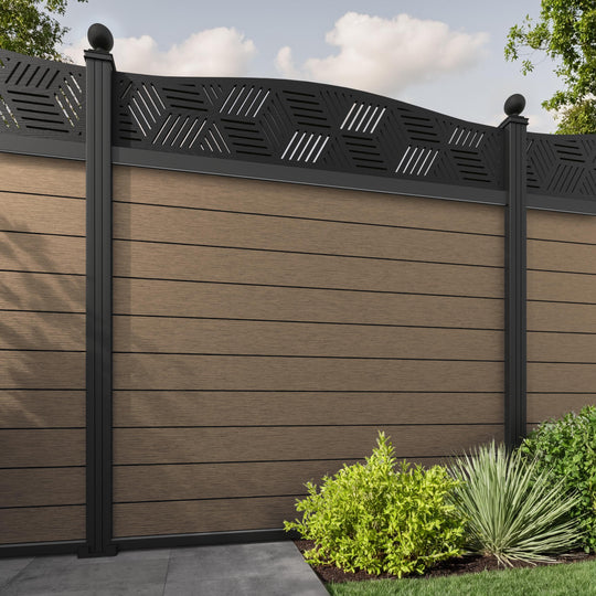 Fusion Cubed Curved Top Fence Panel - Teak - with our aluminium posts
