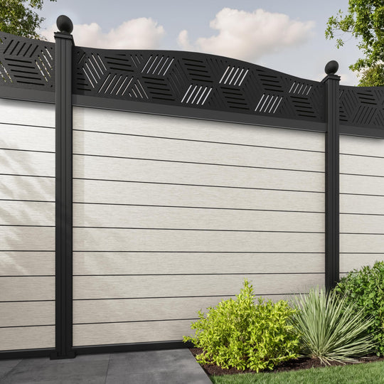 Fusion Cubed Curved Top Fence Panel - Light Stone - with our aluminium posts