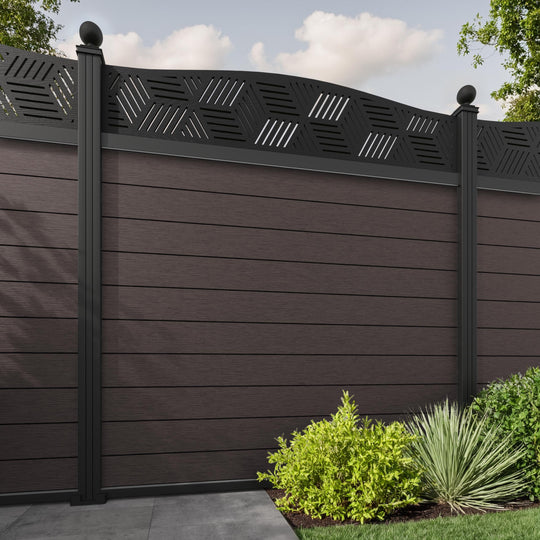 Fusion Cubed Curved Top Fence Panel - Mid Brown - with our aluminium posts
