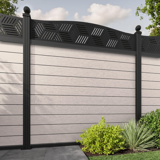 Fusion Cubed Curved Top Fence Panel - Mid Stone - with our aluminium posts