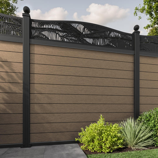Fusion Feather Curved Top Fence Panel - Teak - with our aluminium posts
