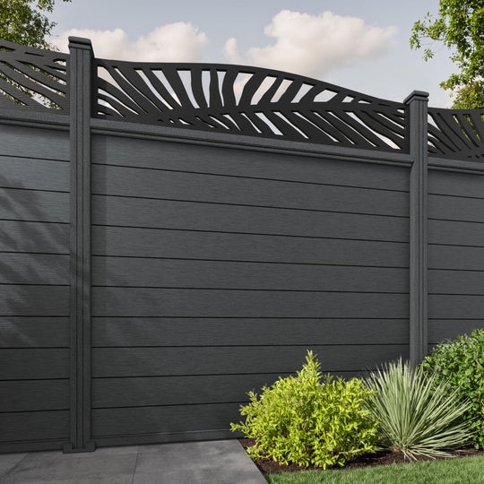 Fusion Palm Curved Top Fence Panel - Dark Grey - with our composite posts