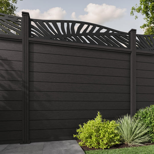 Fusion Palm Curved Top Fence Panel - Dark Oak - with our composite posts