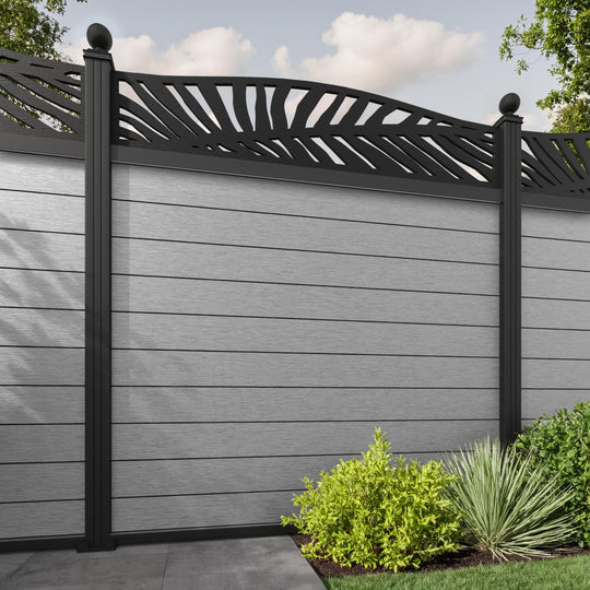Fusion Palm Curved Top Fence Panel - Light Grey - with our aluminium posts