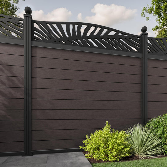 Fusion Palm Curved Top Fence Panel - Mid Brown - with our aluminium posts