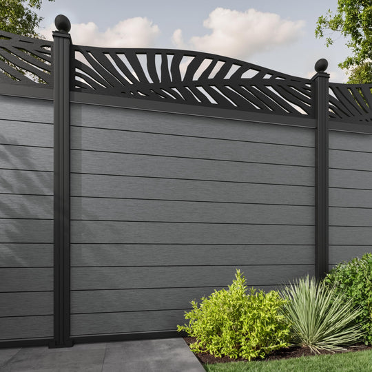 Fusion Palm Curved Top Fence Panel - Mid Grey - with our aluminium posts