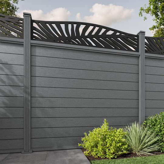 Fusion Palm Curved Top Fence Panel - Mid Grey - with our composite posts
