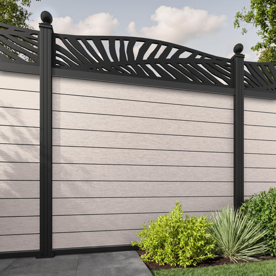 Fusion Palm Curved Top Fence Panel - Mid Stone - with our aluminium posts