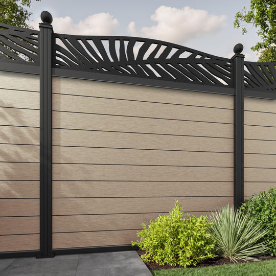 Fusion Palm Curved Top Fence Panel - Light Oak - with our aluminium posts