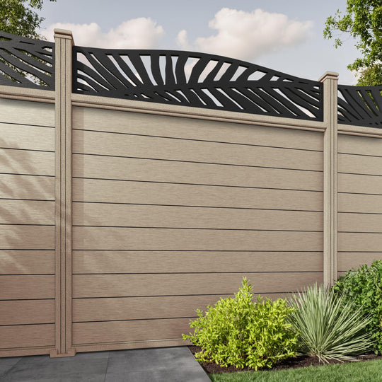 Fusion Palm Curved Top Fence Panel - Light Oak - with our composite posts