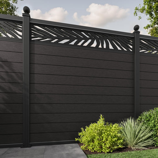 Fusion Palm Fence Panel - Dark Oak - with our aluminium posts