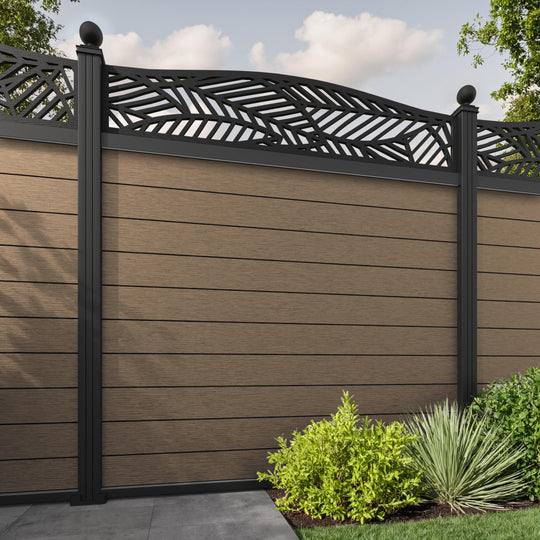 Fusion Habitat Curved Top Fence Panel - Teak - with our aluminium posts