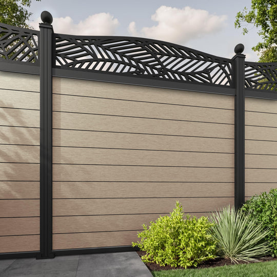 Fusion Habitat Curved Top Fence Panel - Light Oak - with our aluminium posts