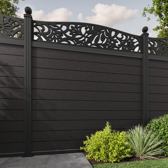 Fusion Heritage Curved Top Fence Panel - Dark Oak - with our aluminium posts