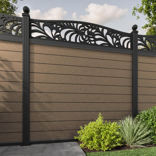 Fusion Petal Curved Top Fence Panel - Teak - with our aluminium posts