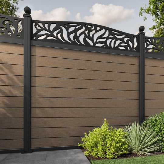 Fusion Plume Curved Top Fence Panel - Teak - with our aluminium posts