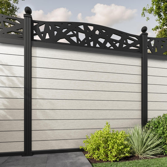Fusion Prism Curved Top Fence Panel - Light Stone - with our aluminium posts