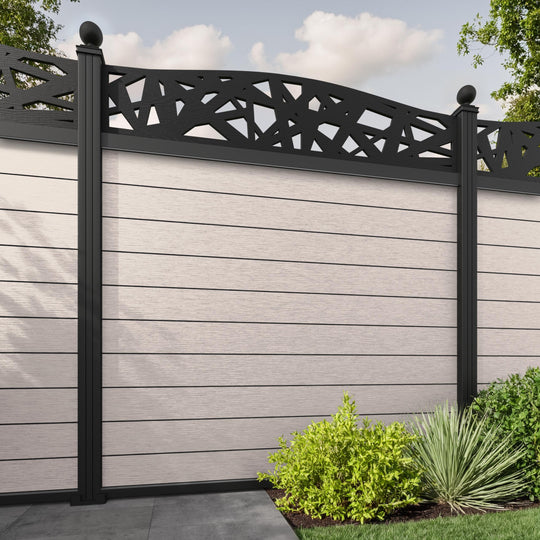 Fusion Prism Curved Top Fence Panel - Mid Stone - with our aluminium posts