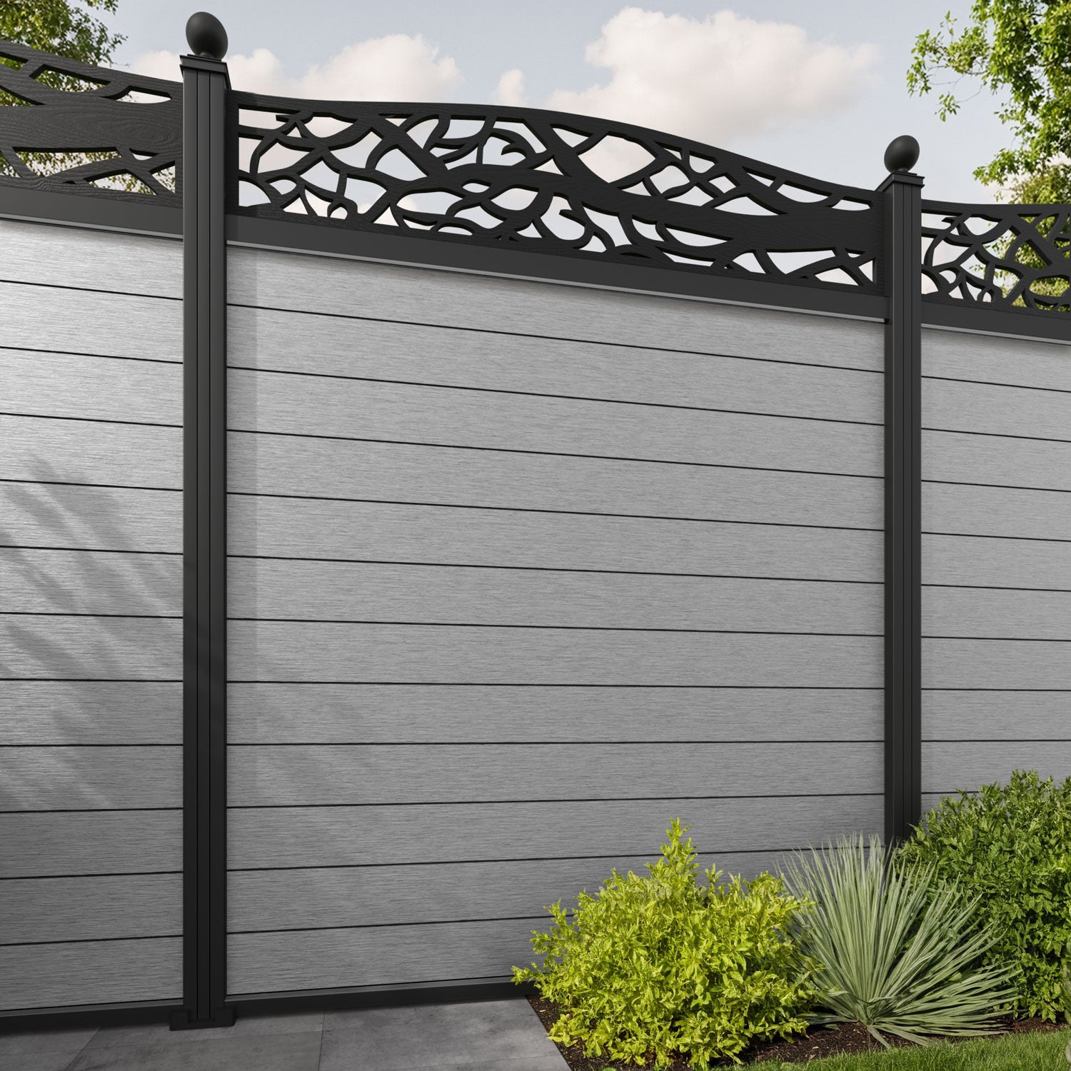 Fusion Twilight Curved Top Fence Panel - Light Grey - with our aluminium posts