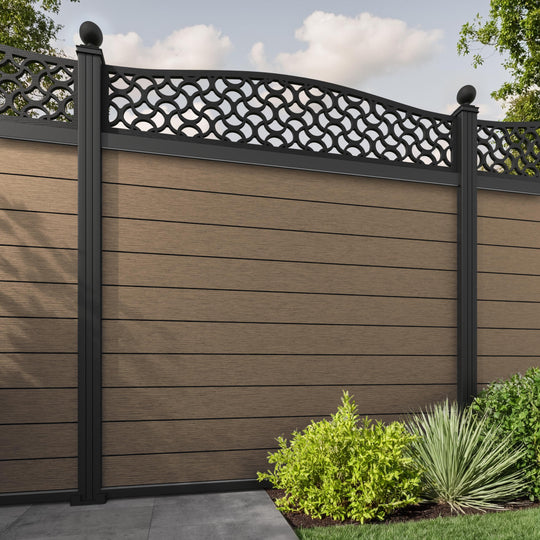 Fusion Vida Curved Top Fence Panel - Teak - with our aluminium posts