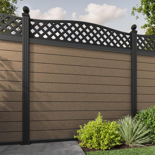 Fusion High Wave Fence Panel - Teak - with our aluminium posts