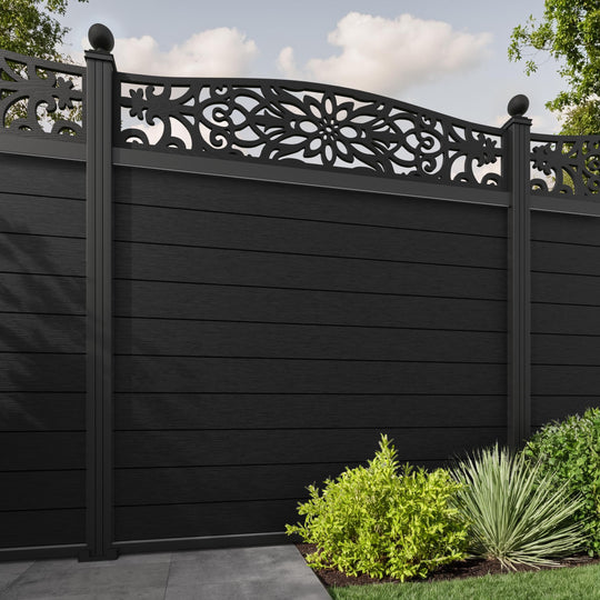 Fusion Windsor Curved Top Fence Panel - Black - with our aluminium posts