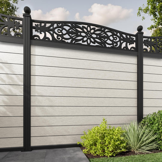 Fusion Windsor Curved Top Fence Panel - Light Stone - with our aluminium posts