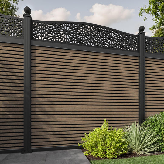Hudson Alnara Curved Top Fence Panel - Teak - with our aluminium posts