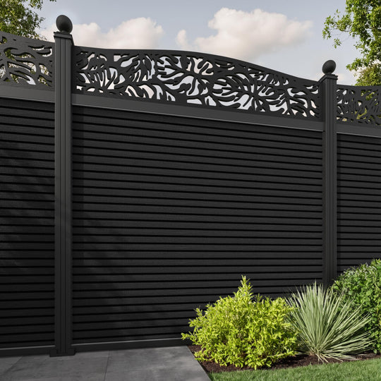 Hudson Botanic Curved Top Fence Panel - Black - with our aluminium posts