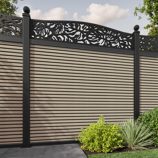 Hudson Botanic Curved Top Fence Panel - Light Oak - with our aluminium posts