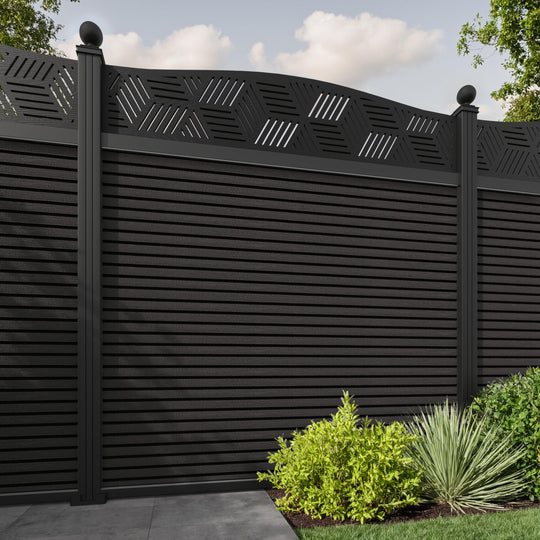 Hudson Cubed Curved Top Fence Panel - Dark Oak - with our aluminium posts