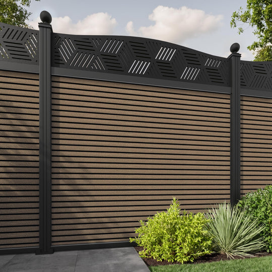Hudson Cubed Curved Top Fence Panel - Teak - with our aluminium posts