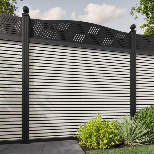 Hudson Cubed Curved Top Fence Panel - Light Stone - with our aluminium posts