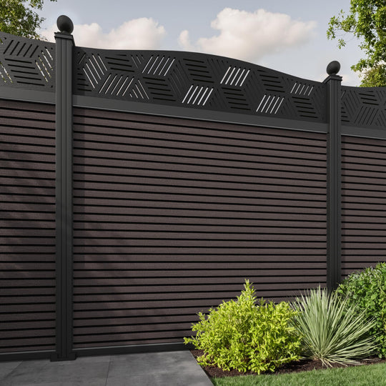 Hudson Cubed Curved Top Fence Panel - Mid Brown - with our aluminium posts