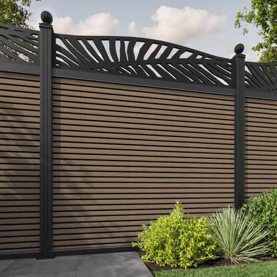 Hudson Palm Curved Top Fence Panel - Teak - with our aluminium posts