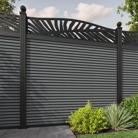 Hudson Palm Curved Top Fence Panel - Mid Grey - with our aluminium posts