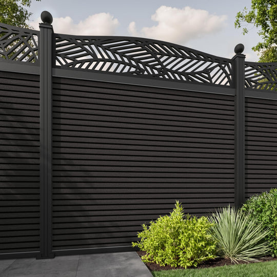 Hudson Habitat Curved Top Fence Panel - Dark Oak - with our aluminium posts
