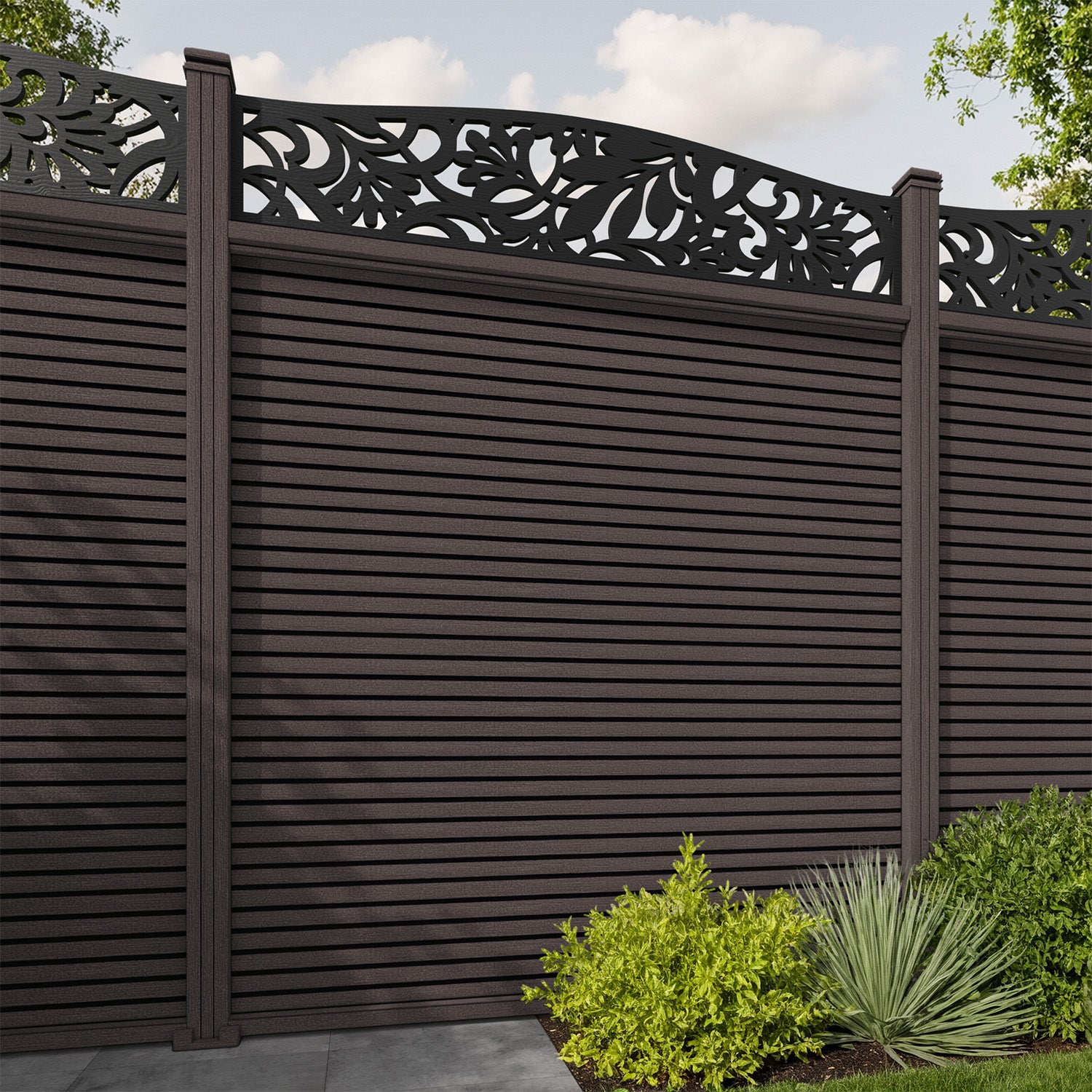 Hudson Heritage Curved Top Fence Panel - Mid Brown - with our composite posts