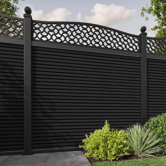 Hudson Vida Curved Top Fence Panel - Black - with our aluminium posts