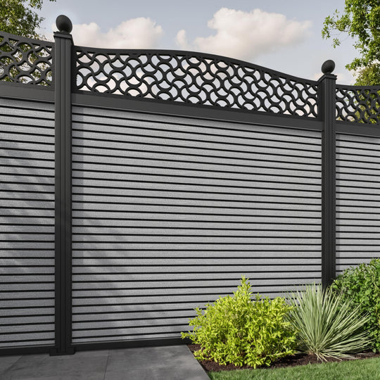 Hudson Vida Curved Top Fence Panel - Light Grey - with our aluminium posts
