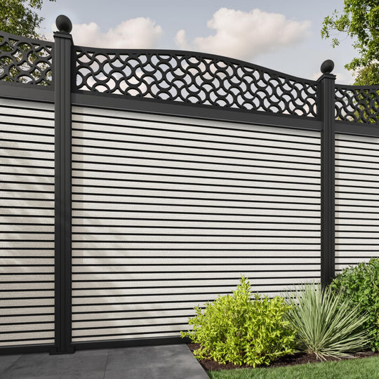 Hudson Vida Curved Top Fence Panel - Light Stone - with our aluminium posts