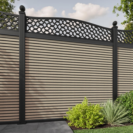 Hudson Vida Curved Top Fence Panel - Light Oak - with our aluminium posts