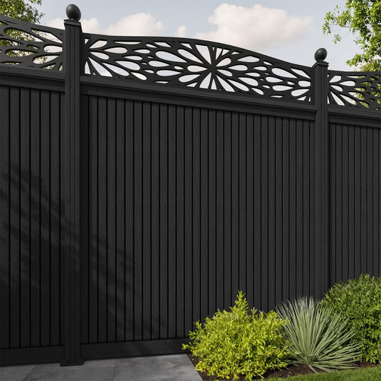 Virtis Blossom Curved Top Fence Panel - Black - with our aluminium posts