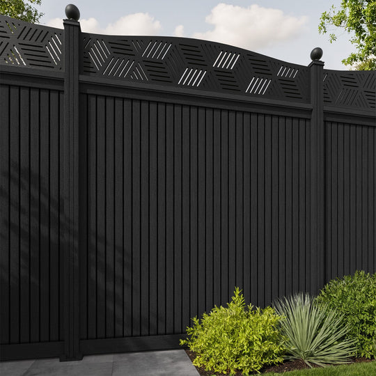 Virtis Cubed Curved Top Fence Panel - Black - with our aluminium posts