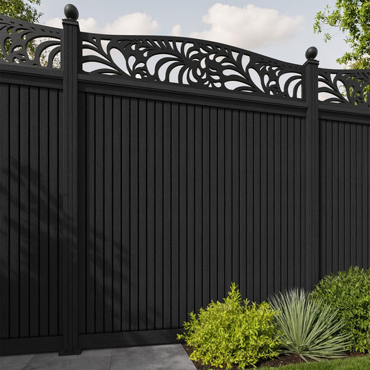 Virtis Petal Curved Top Fence Panel - Black - with our aluminium posts