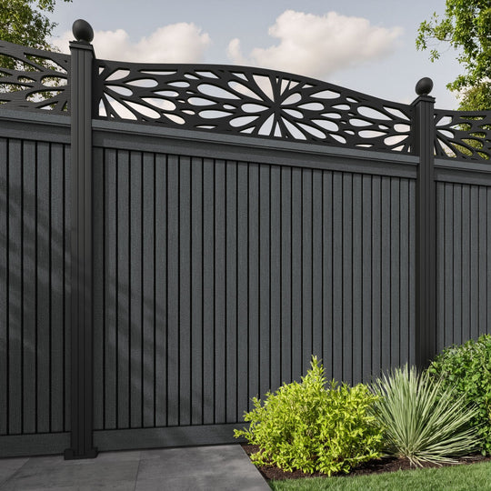 Virtis Blossom Curved Top Fence Panel - Dark Grey - with our aluminium posts